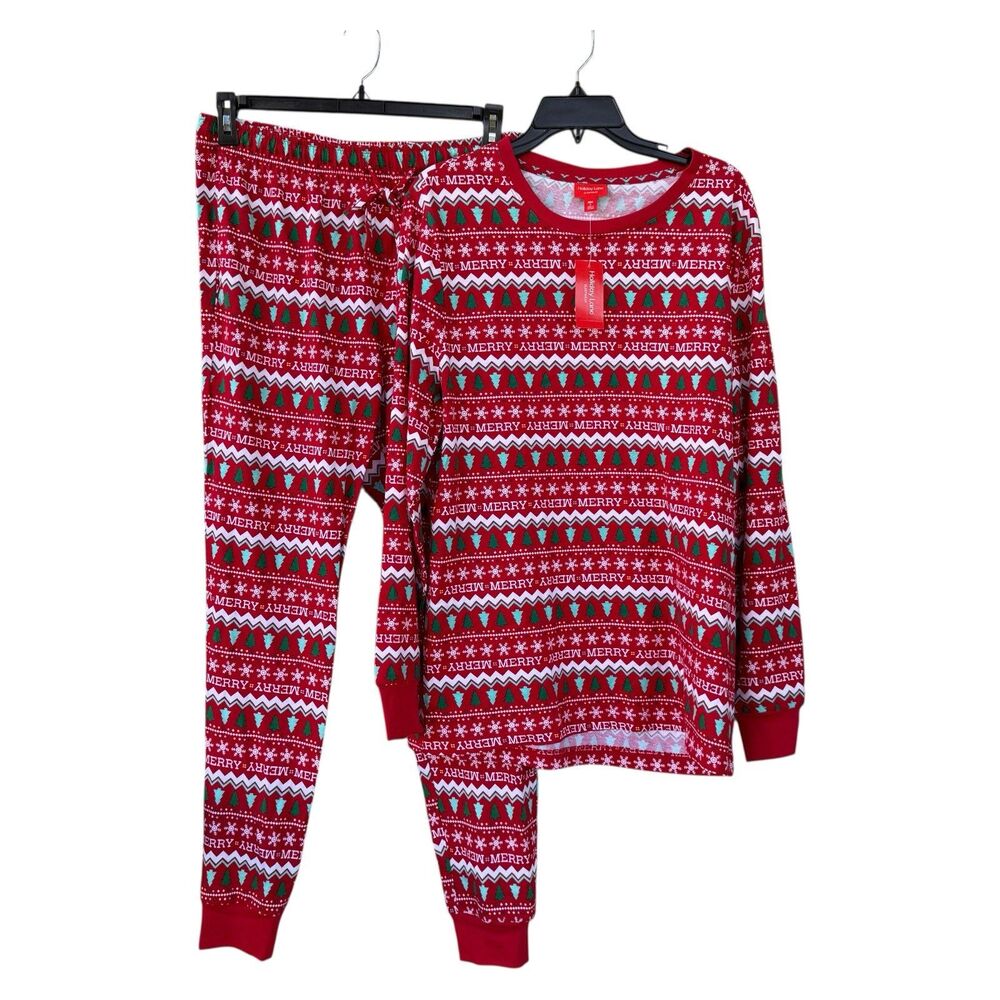 NWT Holiday Lane 2 Piece Pajama Set Merry Christmas Tree Red Long Sleeve XL 3X